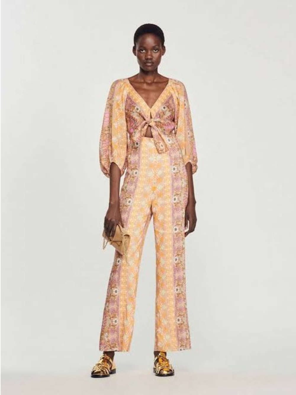 Sandro Dieppe Peach Floral Tie-Front Wide-Leg Jumpsuit